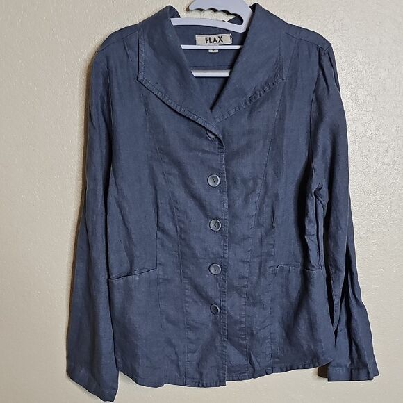 Flax Small Linen Blue Gray Button-Up Jacket With Pockets - Picture 1 of 7